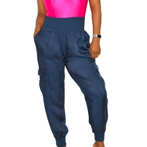 Cinq a Sept Giles Satin Joggers Medium Blue Cargo Pant High Rise Pull On Pockets - Picture 1 of 14