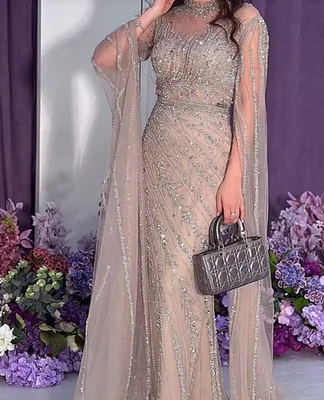 Vestidos de noite de sereia com miçangas gola alta manga capuz vestidos formais luxo árabe - Imagem 1 de 4