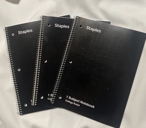 3 Black STAPLES College Ruled  Spiral Bound Notebooks 8 x 10.5” Notebook Lot - Picture 1 of 4