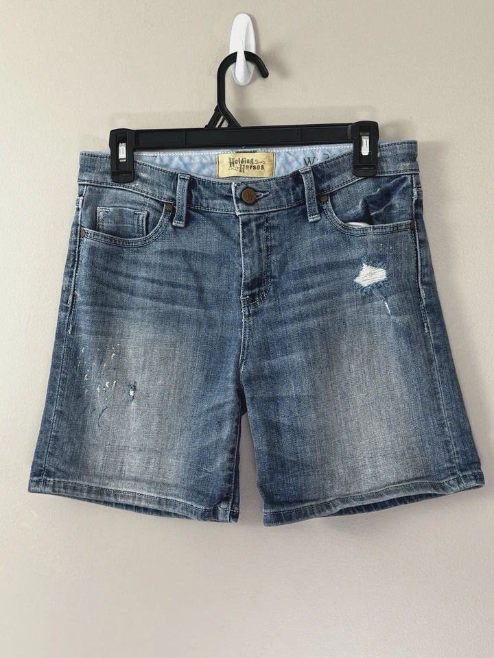 Y2K держа лошадей джинсовой ткани шорты 26 XS 0 2 синий Jean повседневный опрятный прибрежный богемное - Изображение 1 из 4