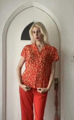 Blusa Top Vintage Evan Picone Semi Transparente Naranja Poli Lunares Botón M Foto 1 de 3