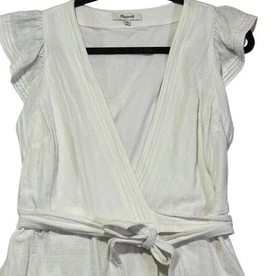Madewell Women's Dress MP White Cotton Blend Surplice Ruffle Sleeves Belted - Image 1 of 4