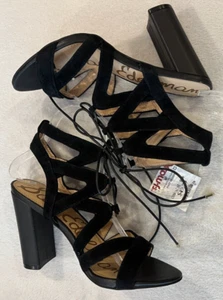 Sam Edelman Sandals Ankle Wrap Tie Black Suede Platform Heels Size 7.5 NEW w Tag - Picture 1 of 7