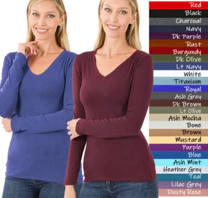 (Zenana Outfitters) V-Neck Long Sleeve T Shirt Basic Plain Solid Cotton Spandex - Picture 1 of 35