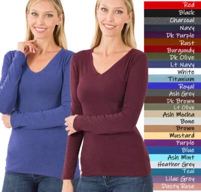 (Zenana Outfitters) V-Neck Long Sleeve T Shirt Basic Plain Solid Cotton Spandex - Image 1 of 4