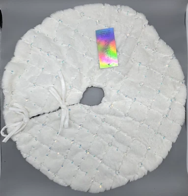 Rachel Zoe Off White Faux Fur Christmas Tree Tabletop Skirt 24” Sequins Beads - Image 1 of 4