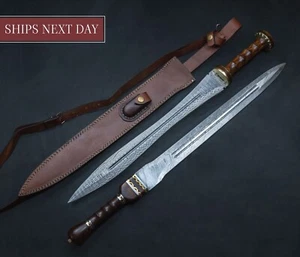 27" Damascus Steel Blade Gladiator Roman Sword Gladius Rose Wood Leather Sheath - Picture 1 of 13