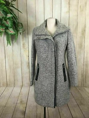 CALVIN KLEIN Wool Blend Faux Leather Trim Boucle Walker Coat Light Grey XL UK - Image 1 of 4