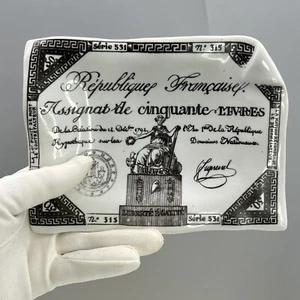 Rare FORNASETTI 1950s BxW CORNER FOLD TRAY 1792 French Livres Note PORCELAIN VTG - Picture 1 of 23