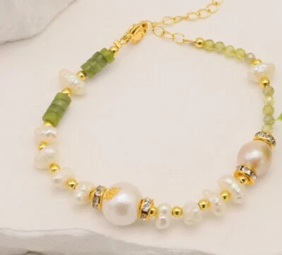 L17 vergoldetes Armband Barockperlen Süßwasserperlen grüner Aventurin - Bild 1 von 4