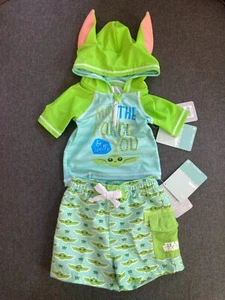 New Grogu Baby Yoda Boys Hooded Swim Shirt & shorts Star Wars 18-24 Months - Picture 1 of 4