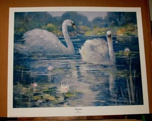 Swans by L Gordon Water Lilies White Swans Birds Impressionist Limited Edition - Picture 1 of 6