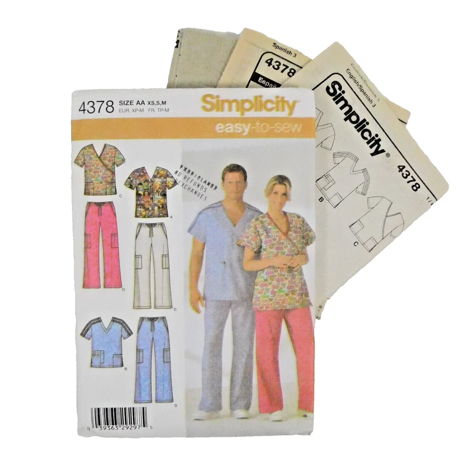 Simplicity 4378 Unisex Scrubs Tops Pants Pattern Size Uncut Pockets Drawstring - Image 1 of 4