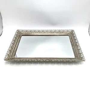Vintage Ormolu Mirror Tray Gold Tone Filigree Ornate Roses Vanity Victorian 15" - Picture 1 of 8