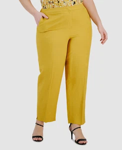 Kasper Women's Yellow Linen Mid-Rise Straight-Leg Slit-Hem Pants Plus Size 16W - Picture 1 of 4