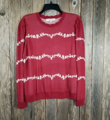 NUEVO Suéter Loft XL Para Mujer Rosa Floral Rayas Manga Abullonada  Foto 1 de 4