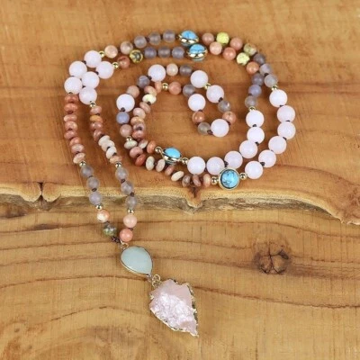 Rose Quartz Arrowhead Pendant Turquoise 108 Beads Meditation Talisman Necklace - Image 1 of 4