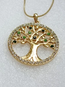  Kette rund Lebensbaum goldfarben grün Strass Modeschmuck  - Bild 1 von 4