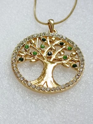  Kette rund Lebensbaum goldfarben grün Strass Modeschmuck  - Bild 1 von 4