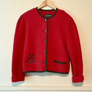 Vintage Geiger Austria Wool Bright Red Tree Ducks Cardigan Sweater Jacket Sz 40 - Picture 1 of 10