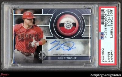 2024 Topps Tribute Autograph Mike Trout GAME-USED PATCH ON CARD AUTO 02/25 PSA 8 - Image 1 of 2