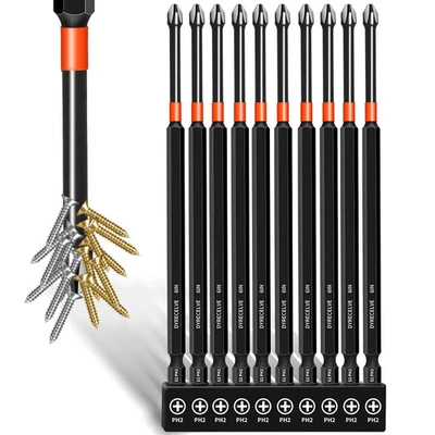 10-Pack 6" PH2 Phillips Bits,Magnetic S2 Steel,1/4"Hex for Impact Drivers&Drills