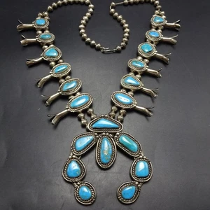 Precioso COLLAR VINTAGE de plata esterlina de los años 70 con gema azul turquesa flor de calabaza - Imagen 1 de 18