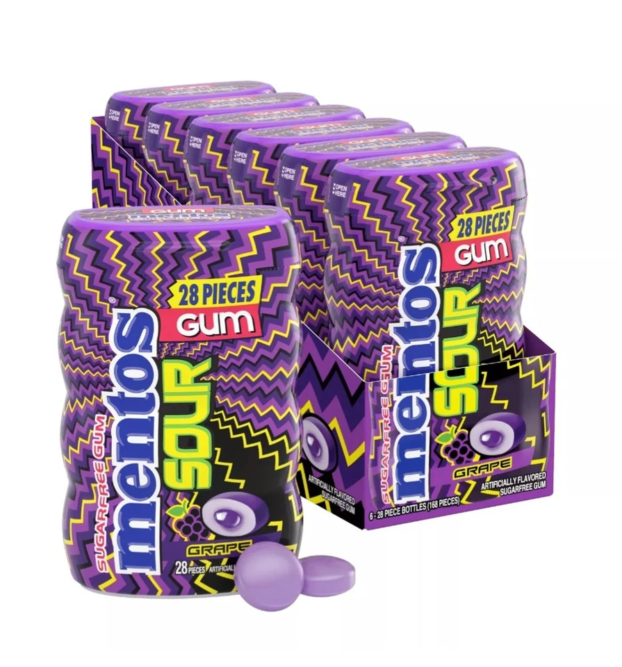 Mentos SOUR Sugar- Chewing Gum with Xylitol Sour Grape Flavored 28 Piec...