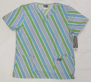 Landau Scrub Top L 70221 Green Purple Teal Striped V Neck Medical Uniform New - Picture 1 of 6