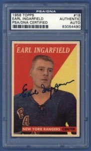 1958-59 Topps #18 EARL INGARFIELD PSA/DNA Certified AUTO New York Rangers ROOKIE