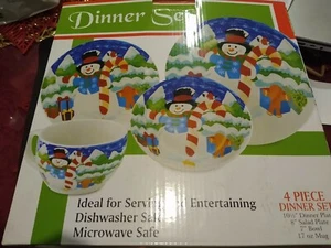 Snowman Christmas 4 Piece Dinner Set Mug Bowl Salad and Dinner Plate - Picture 1 of 8