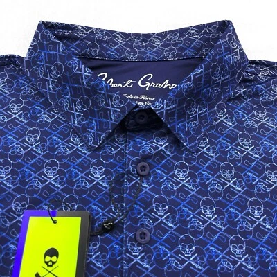 Camisa Polo Robert Graham Performance Estampado Calavera Cabezas Azul Marino XL $128 Foto 1 de 4