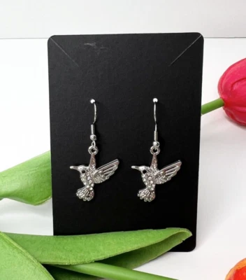 Handmade hummingbird rhinestone charm drop earrings silver jewelry - Image 1 of 4