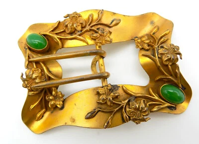 Antique Victorian Large Belt Buckle Sash Gold Tone Green Glass Lily Flower - Image 1 of 4