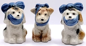 Japanese Porcelain Blue Bow Brown Spotted 3 piece Toothache Dog Shakers - Picture 1 of 14