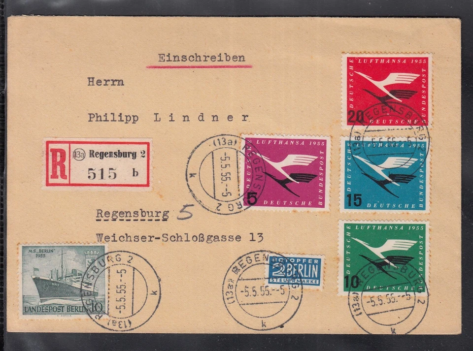 Alemanha + Berlim especial 2 estado carta registrada 1955, Lufthansa, navio - Imagem 1 de 1