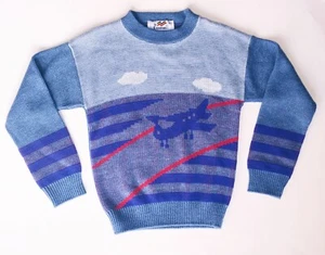 Vintage Dr. Denton Boys Size 6 Blue 100% Virgin Acrylic Airplane Runway Sweater - Picture 1 of 4