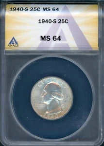 1940s ANACS MS64 Washington Quarter CH BU + Silver Coin ERROR BIG DIE CRACKS NR - Picture 1 of 9