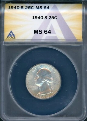 1940s ANACS MS64 Washington Quarter CH BU + Silver Coin ERROR BIG DIE CRACKS NR - Image 1 of 4