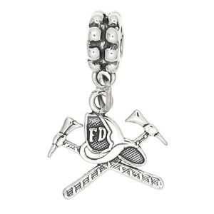 STERLING SILVER FIRE DEPARTMENT HAT AND AXE DANGLING EUROPEAN BEAD - Picture 1 of 2