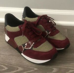 Longchamp Burgundy Suede Red Python Lace Up Casual Trainers Size 38