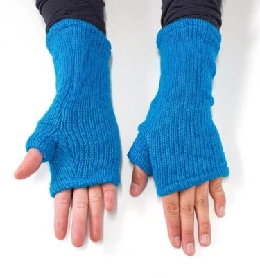 Blue PURE WOOL Gloves Hand Warmers Winter Fingerless Mittens Nepal Lining Hippie - Image 1 of 4