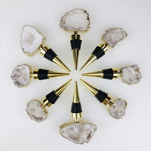 Clear Crystal Quartz Druzy Geode gold plated wine bottle stopper topper stone - Picture 1 of 12