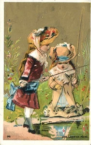 Tarjeta comercial Un Lecon de Pesche Lección de pesca Niñas Años 1880 - Imagen 1 de 2