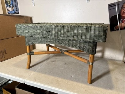Vintage Green Wicker BOHO Chic Coffee Table W Bamboo Legs Rattan 30x20x18” - Image 1 of 4