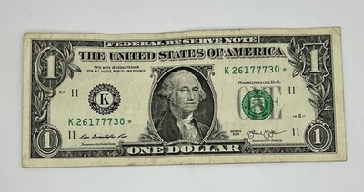 US $1 One Dollar Bill Star Note Money K26177730 Series 2013 - Image 1 of 2