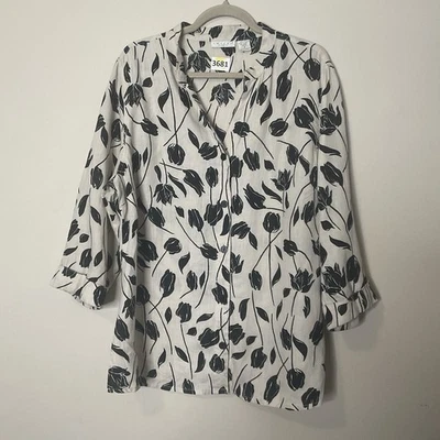 Blusa Tweeds Crema/Negro Floral 100% Lino Manga 3/4 Mujer Talla Grande 1X Coasta Foto 1 de 4