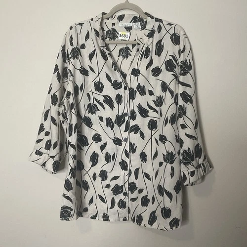 Blusa Tweeds Crema/Negro Floral 100% Lino Manga 3/4 Mujer Talla Grande 1X Coasta Foto 1 de 4