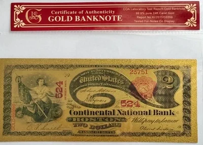 1875 Continental National Bank of Boston. 24K Gold-foil W/Protective Holder/COA - Image 1 of 3