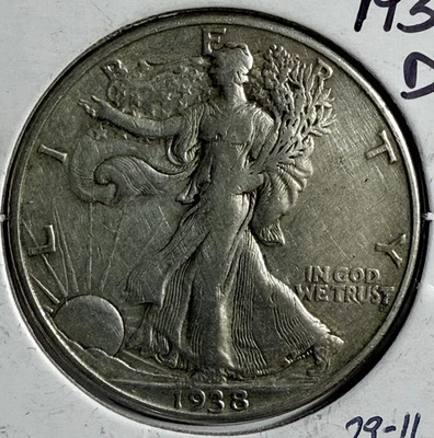 1938-D  Walking Liberty Half Dollar - 90% Silver - Free Shipping - (29-16) - Image 1 of 3